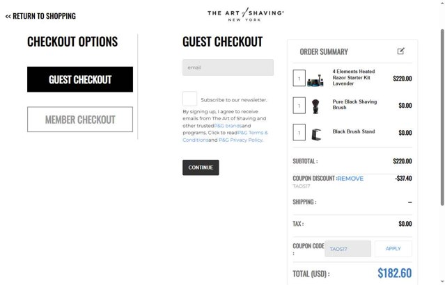 The Art of Shaving checkout page showing The Art of Shaving discount code box | Screenshot taken by SimplyCodes community member on Jul 8, 2025