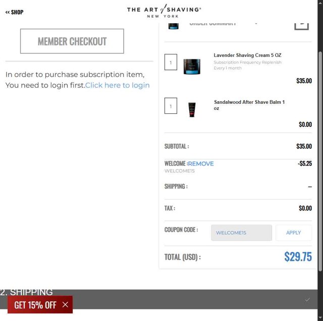 The Art of Shaving checkout page showing The Art of Shaving discount code box | Screenshot taken by SimplyCodes community member on Aug 26, 2025