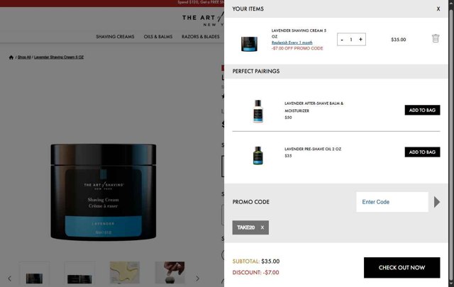 The Art of Shaving checkout page showing The Art of Shaving discount code box | Screenshot taken by SimplyCodes community member on Aug 19, 2025