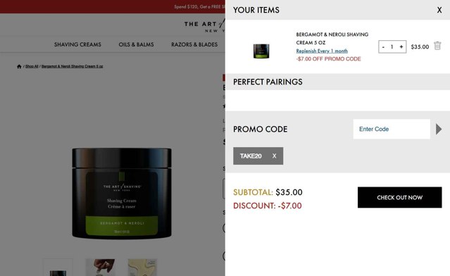 The Art of Shaving checkout page showing The Art of Shaving discount code box | Screenshot taken by SimplyCodes community member on Aug 19, 2025