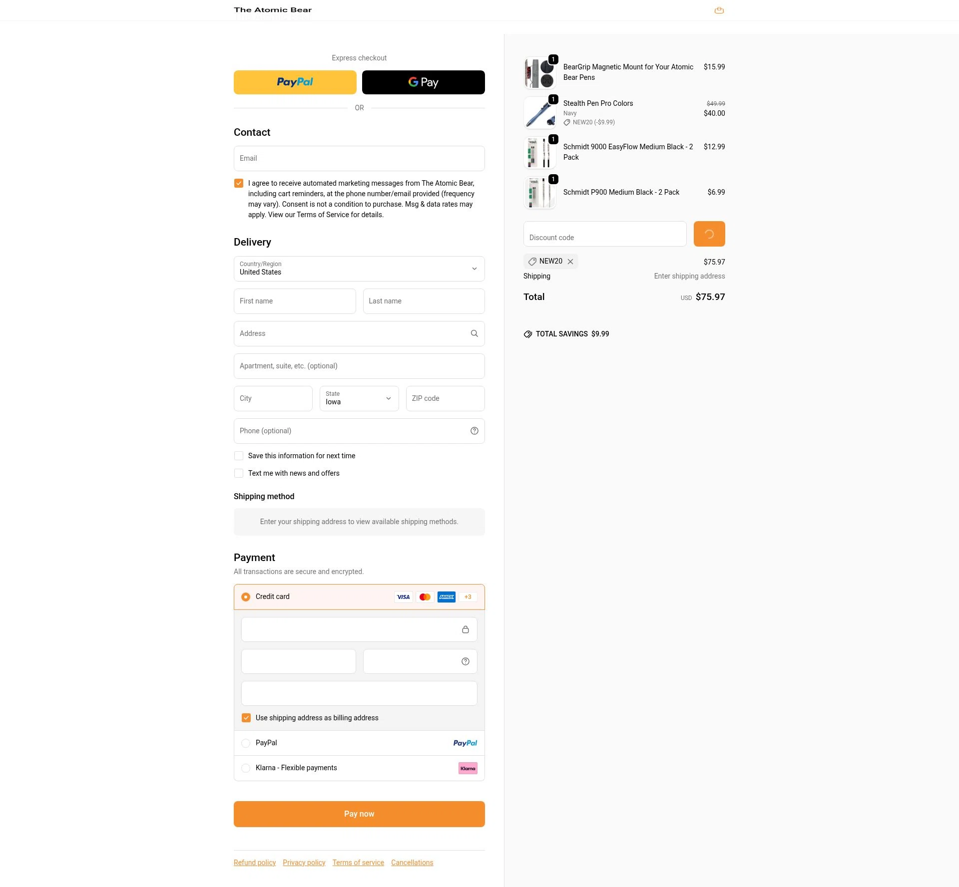 The Atomic Bear checkout page showing The Atomic Bear promo code box | Screenshot taken by SimplyCodes community member on Feb 19, 2026