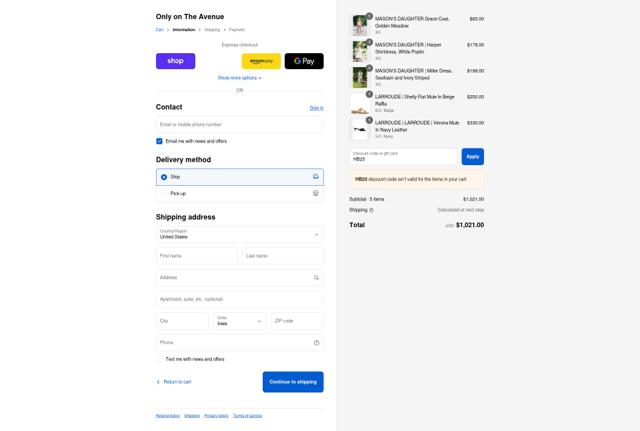 The Avenue checkout page showing The Avenue promo code box | Screenshot taken by SimplyCodes community member on Sep 12, 2025
