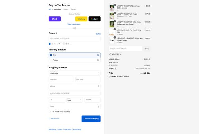 The Avenue checkout page showing The Avenue promo code box | Screenshot taken by SimplyCodes community member on Sep 11, 2025