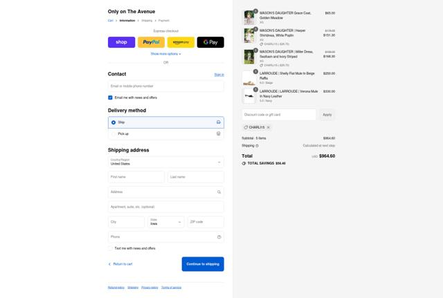 The Avenue checkout page showing The Avenue promo code box | Screenshot taken by SimplyCodes community member on Sep 12, 2025