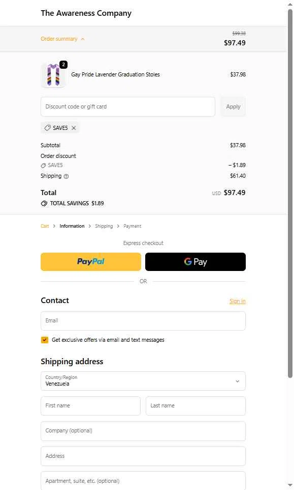 The Awareness Company checkout page showing The Awareness Company promo code box | Screenshot taken by SimplyCodes community member on Dec 5, 2025