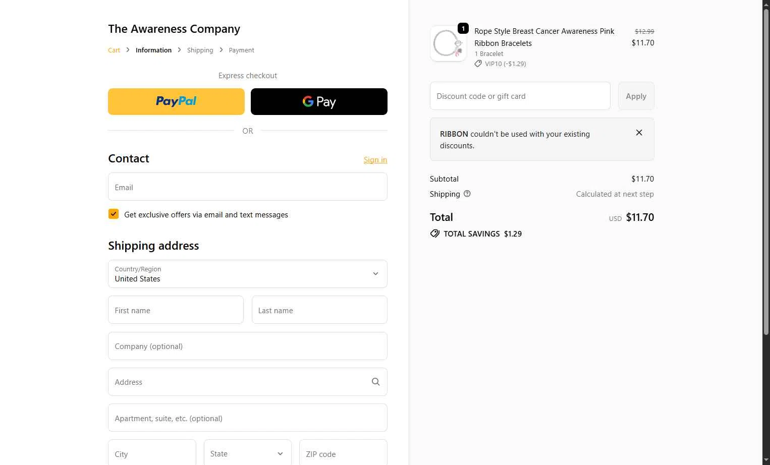 The Awareness Company checkout page showing The Awareness Company promo code box | Screenshot taken by SimplyCodes community member on Jan 10, 2026