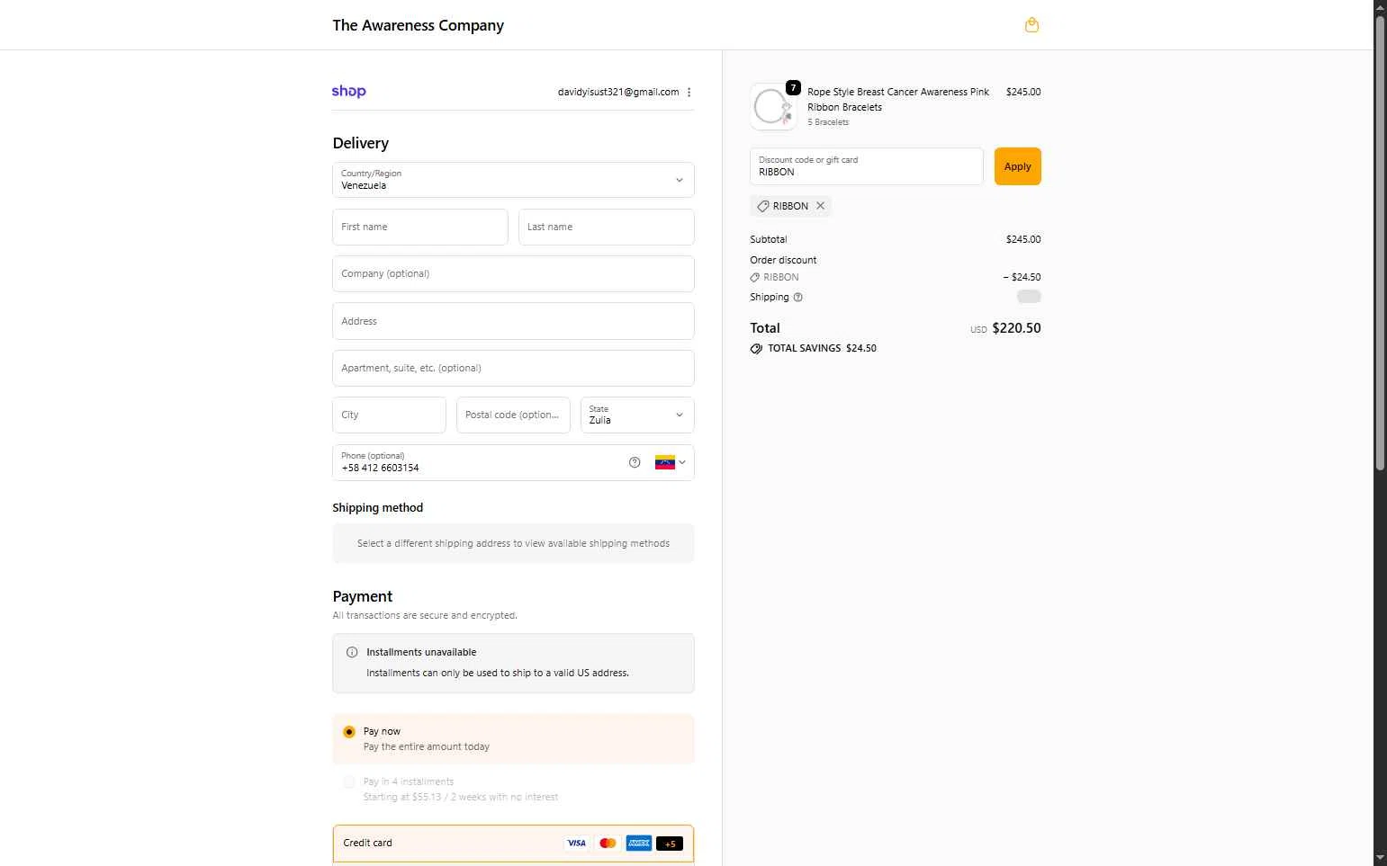 The Awareness Company checkout page showing The Awareness Company promo code box | Screenshot taken by SimplyCodes community member on Feb 8, 2026