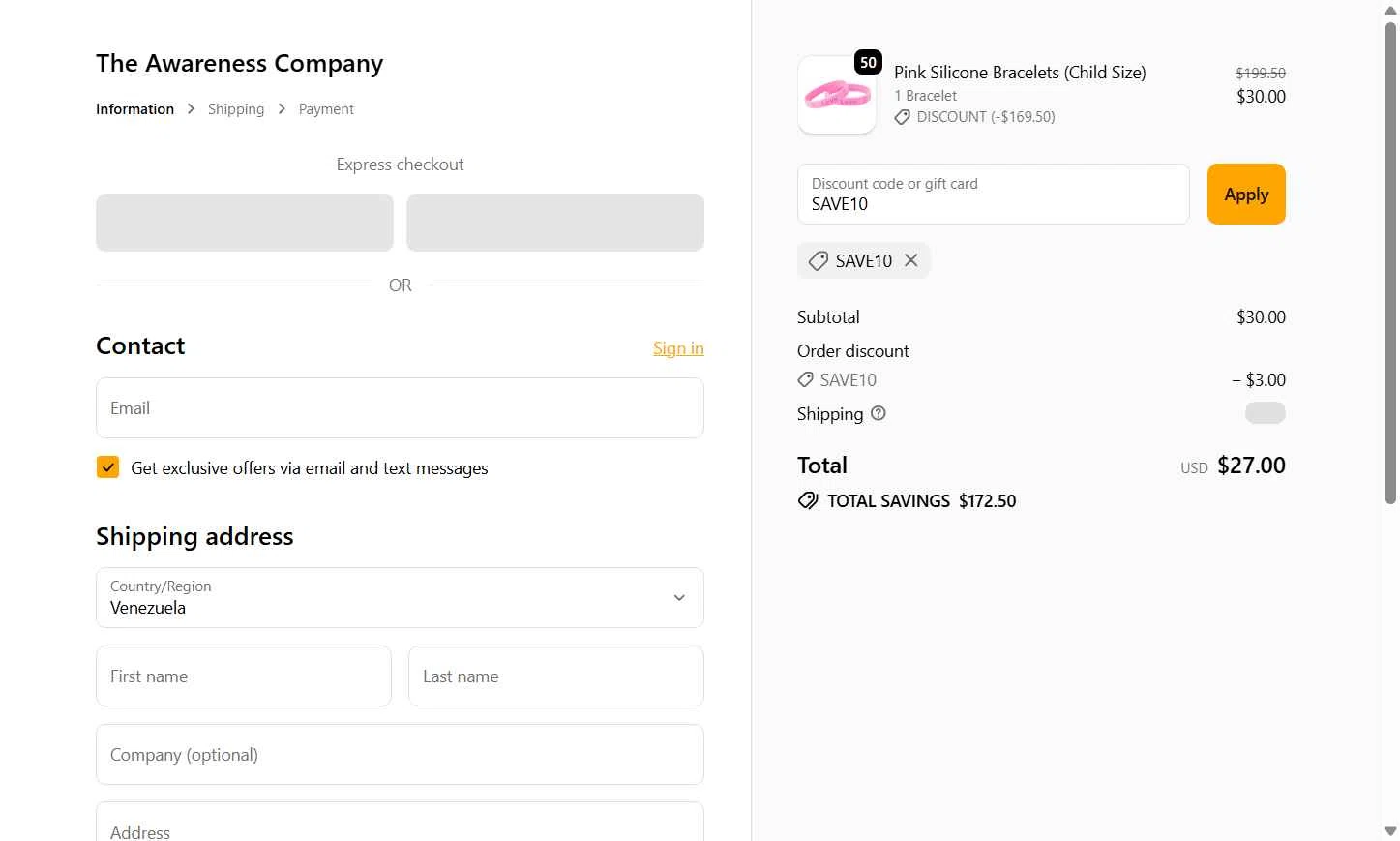 The Awareness Company checkout page showing The Awareness Company promo code box | Screenshot taken by SimplyCodes community member on Dec 24, 2025