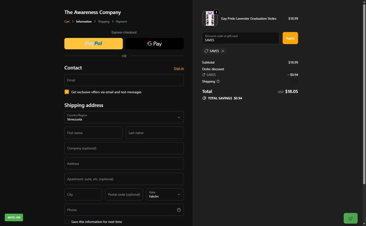 The Awareness Company checkout page showing The Awareness Company promo code box | Screenshot taken by SimplyCodes community member on Nov 6, 2025