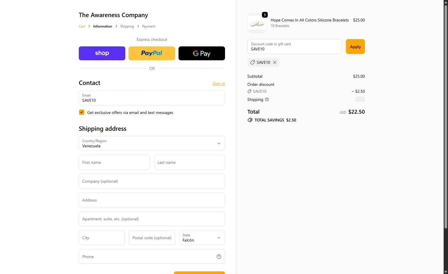 The Awareness Company checkout page showing The Awareness Company promo code box | Screenshot taken by SimplyCodes community member on Jan 22, 2026
