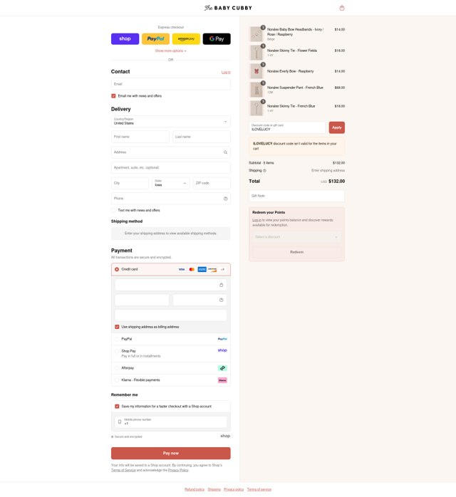 The Baby Cubby checkout page showing The Baby Cubby promo code box | Screenshot taken by SimplyCodes community member on Aug 31, 2025