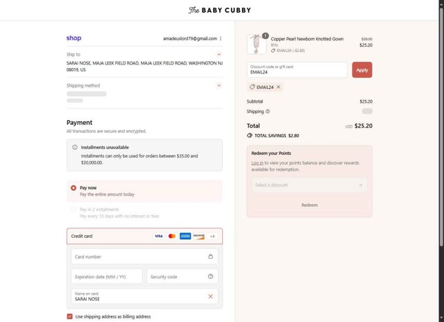 The Baby Cubby checkout page showing The Baby Cubby promo code box | Screenshot taken by SimplyCodes community member on Sep 4, 2025