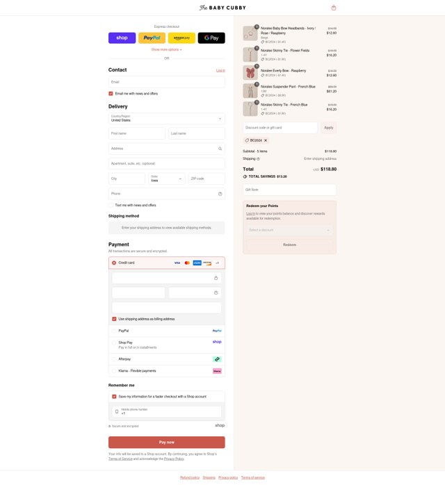 The Baby Cubby checkout page showing The Baby Cubby promo code box | Screenshot taken by SimplyCodes community member on Sep 4, 2025