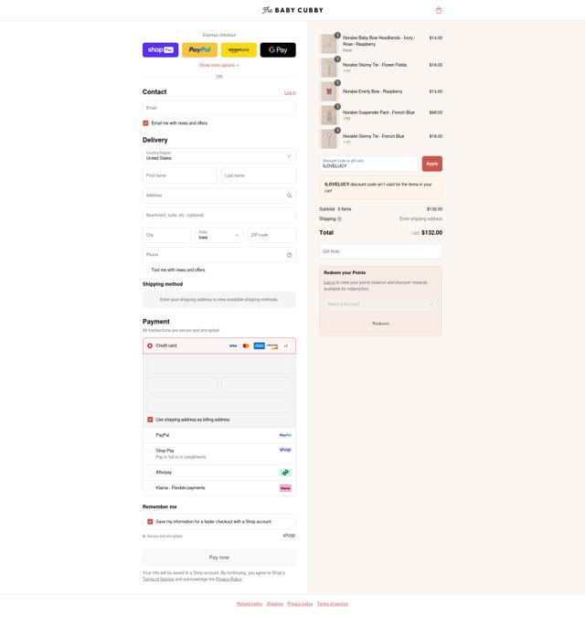 The Baby Cubby checkout page showing The Baby Cubby promo code box | Screenshot taken by SimplyCodes community member on Aug 27, 2025