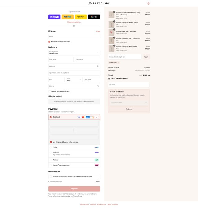 The Baby Cubby checkout page showing The Baby Cubby promo code box | Screenshot taken by SimplyCodes community member on Aug 27, 2025