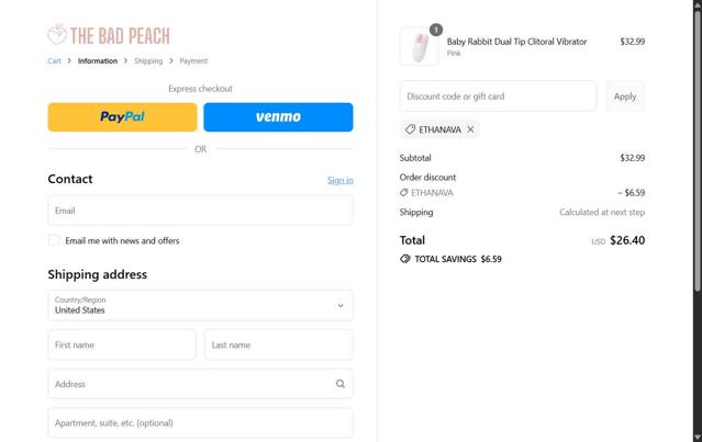 The Bad Peach checkout page showing The Bad Peach discount code box | Screenshot taken by SimplyCodes community member on Sep 11, 2025