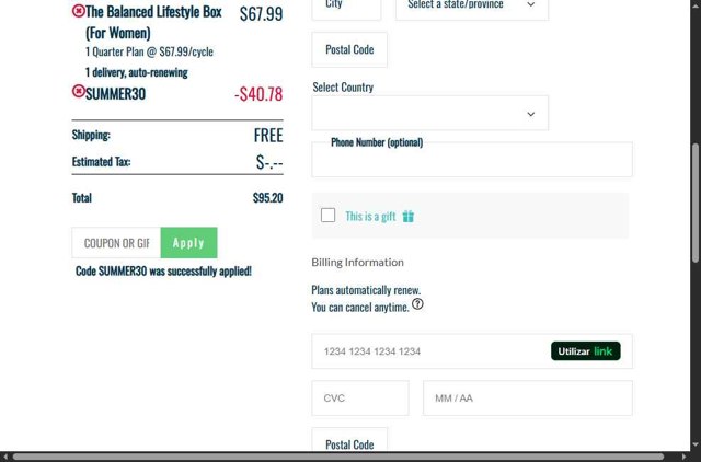 The Balanced Company checkout page showing The Balanced Company promo code box | Screenshot taken by SimplyCodes community member on Jul 31, 2025