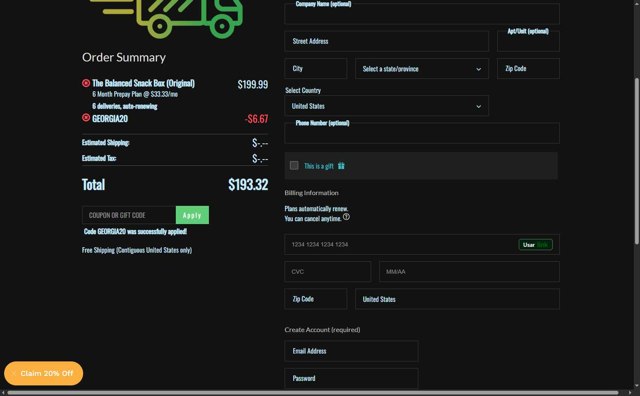 The Balanced Company checkout page showing The Balanced Company promo code box | Screenshot taken by SimplyCodes community member on Aug 27, 2025