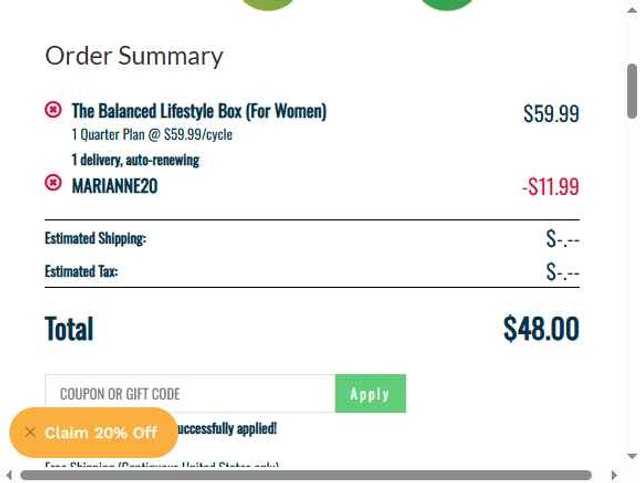 The Balanced Company checkout page showing The Balanced Company promo code box | Screenshot taken by SimplyCodes community member on Aug 22, 2025