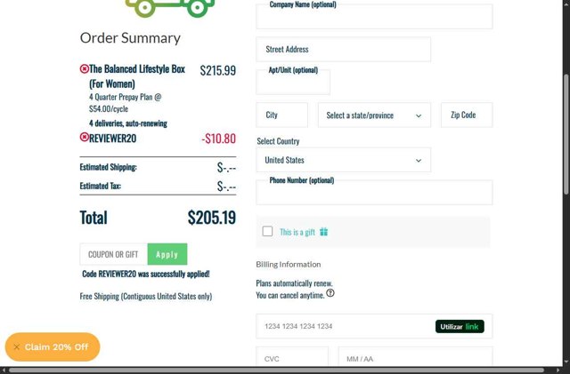The Balanced Company checkout page showing The Balanced Company promo code box | Screenshot taken by SimplyCodes community member on Sep 3, 2025