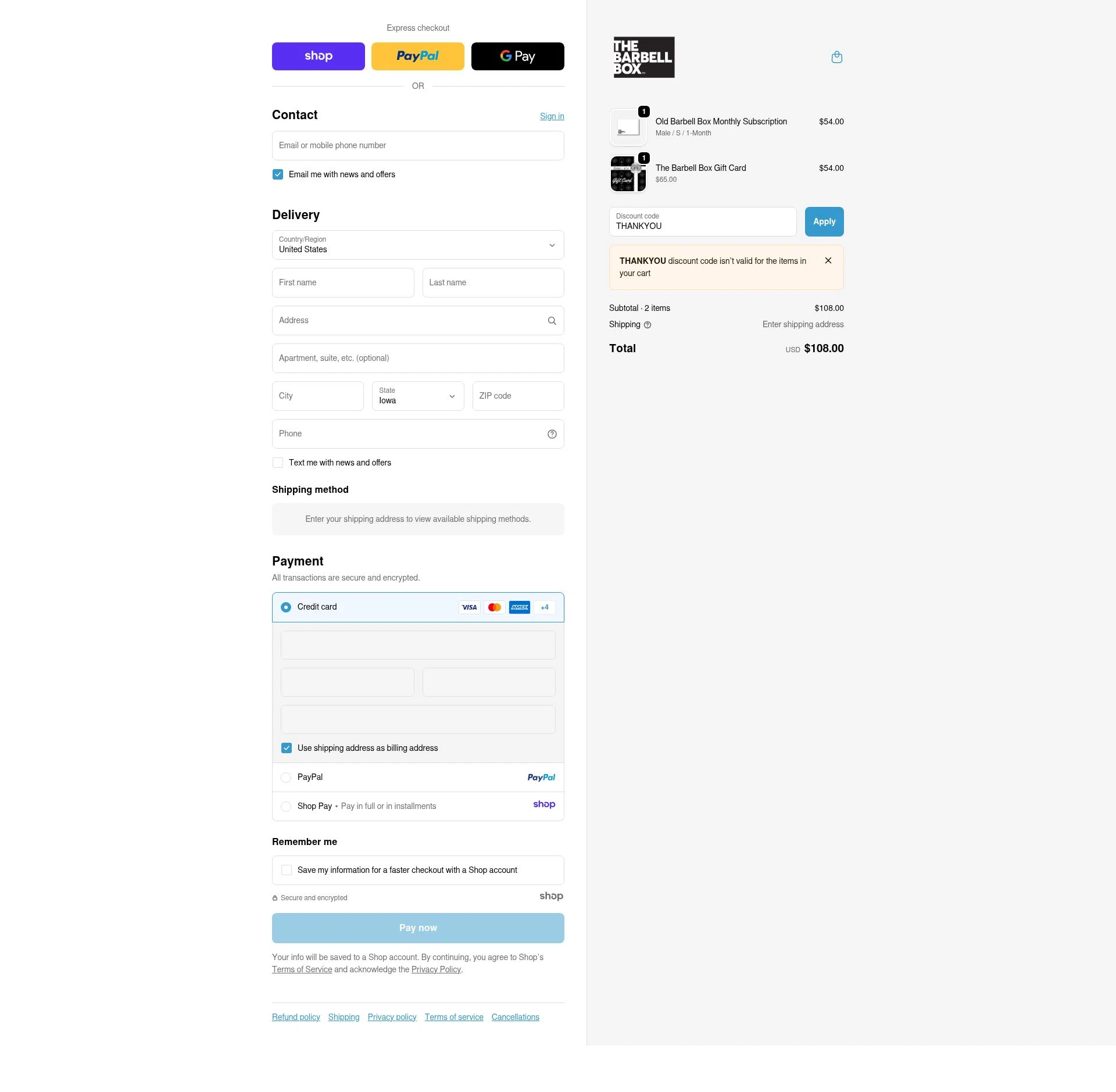 The Barbell Box checkout page showing The Barbell Box promo code box | Screenshot taken by SimplyCodes community member on Nov 24, 2025