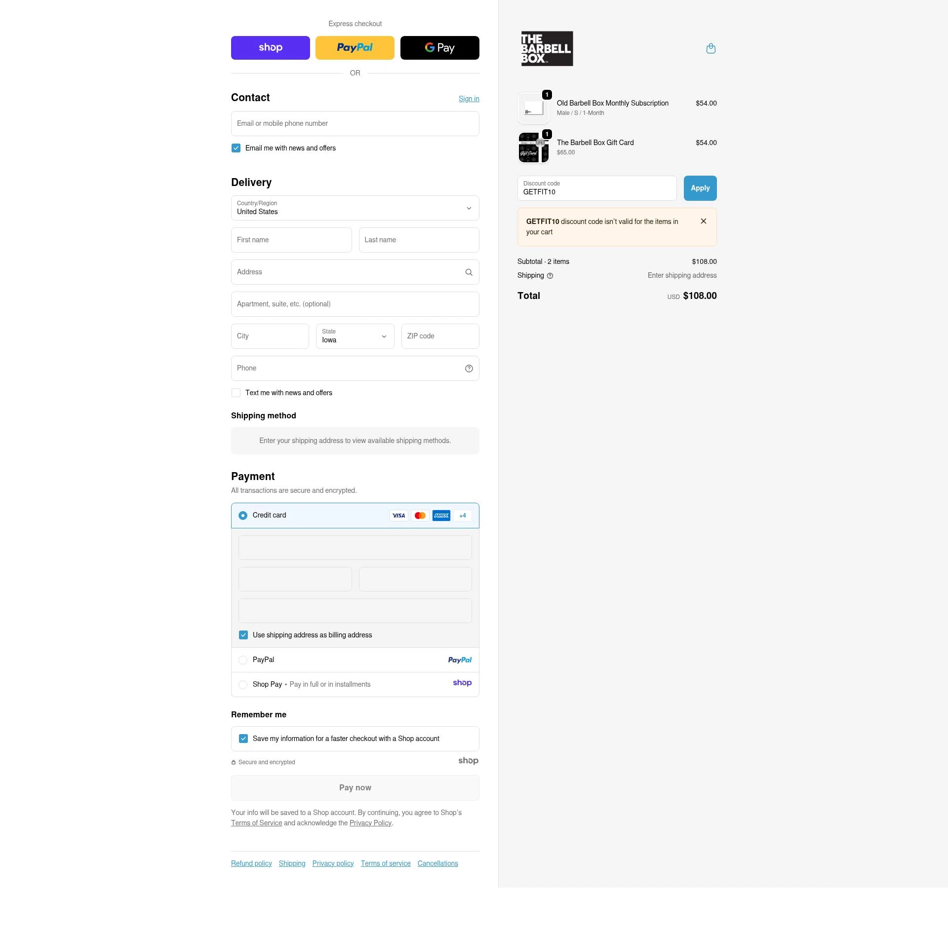The Barbell Box checkout page showing The Barbell Box promo code box | Screenshot taken by SimplyCodes community member on Nov 24, 2025