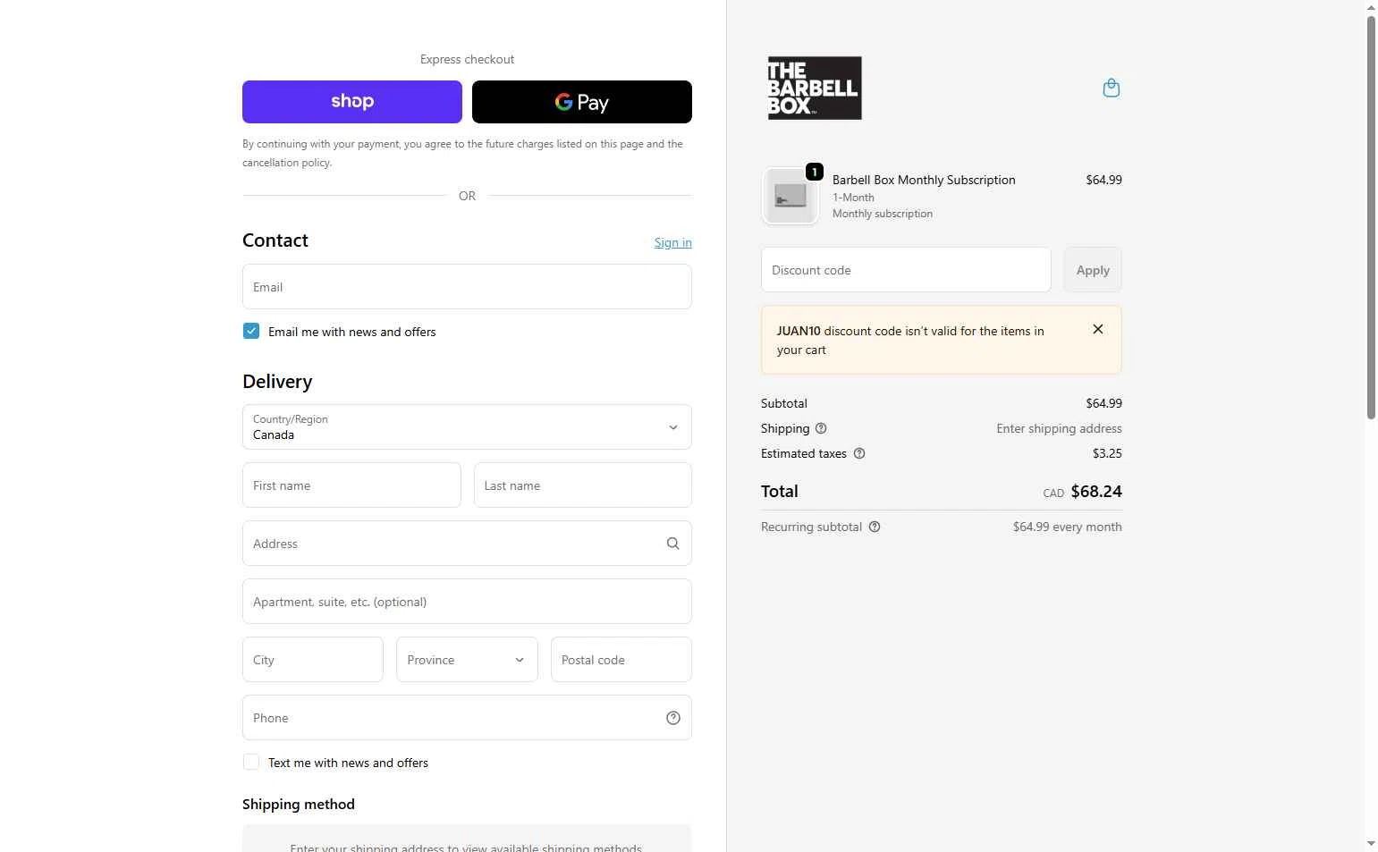 The Barbell Box checkout page showing The Barbell Box promo code box | Screenshot taken by SimplyCodes community member on Jan 5, 2026