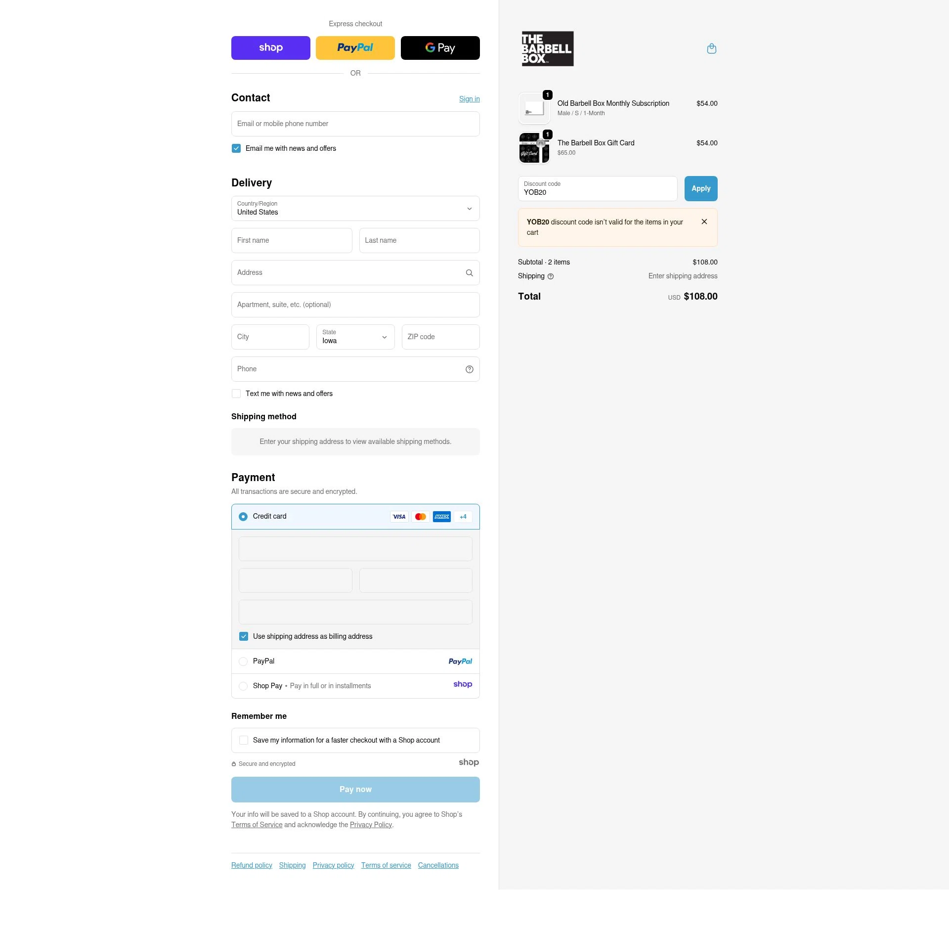 The Barbell Box checkout page showing The Barbell Box promo code box | Screenshot taken by SimplyCodes community member on Nov 24, 2025