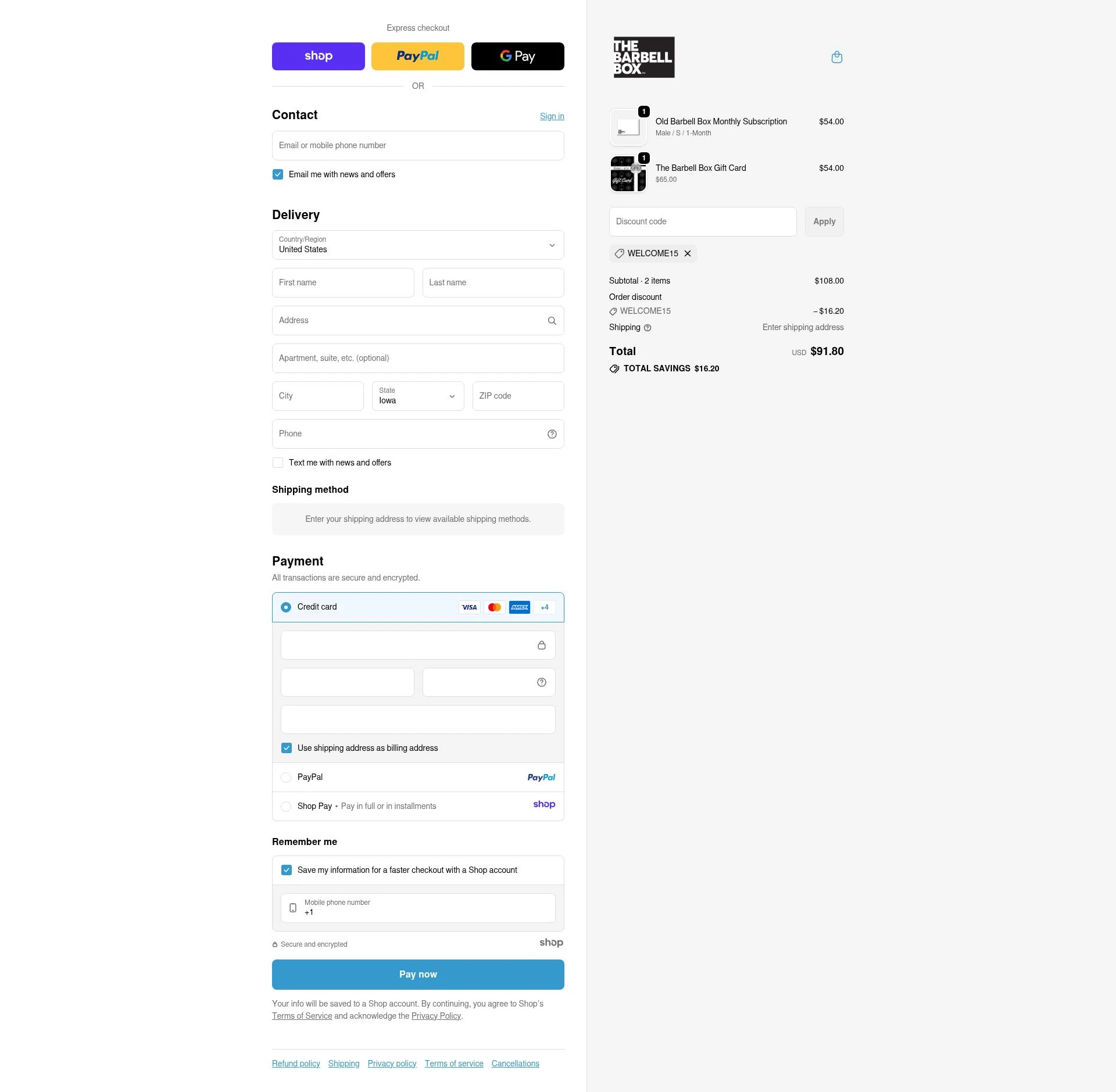The Barbell Box checkout page showing The Barbell Box promo code box | Screenshot taken by SimplyCodes community member on Nov 24, 2025
