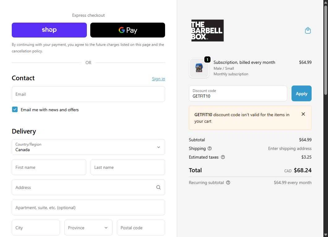 The Barbell Box checkout page showing The Barbell Box promo code box | Screenshot taken by SimplyCodes community member on Nov 14, 2025