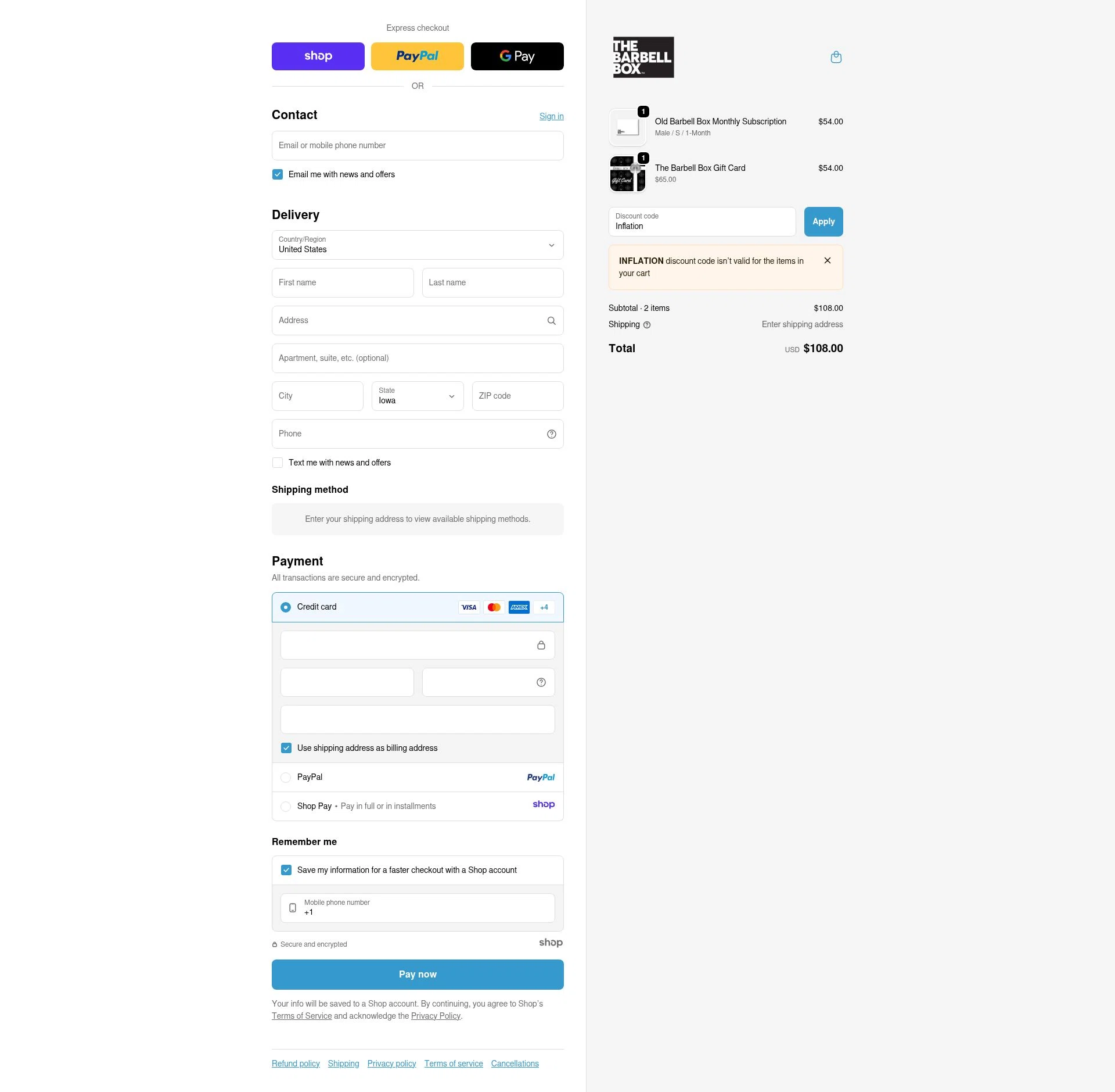 The Barbell Box checkout page showing The Barbell Box promo code box | Screenshot taken by SimplyCodes community member on Nov 24, 2025