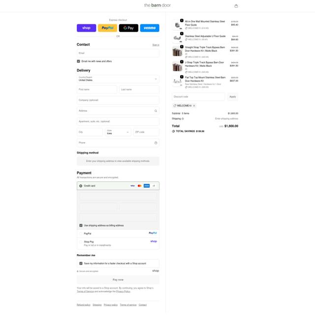 The Barn Door Hardware Store checkout page showing The Barn Door Hardware Store coupon code box | Screenshot taken by SimplyCodes community member on Sep 19, 2025
