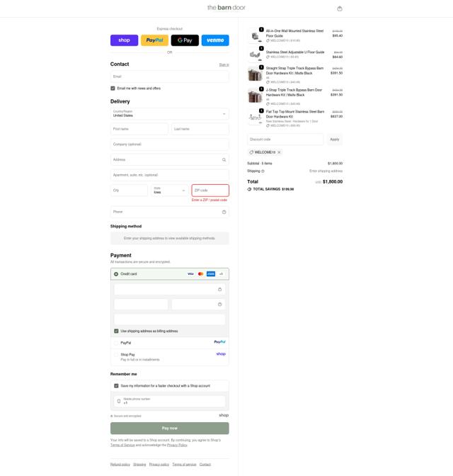 The Barn Door Hardware Store checkout page showing The Barn Door Hardware Store coupon code box | Screenshot taken by SimplyCodes community member on Sep 23, 2025