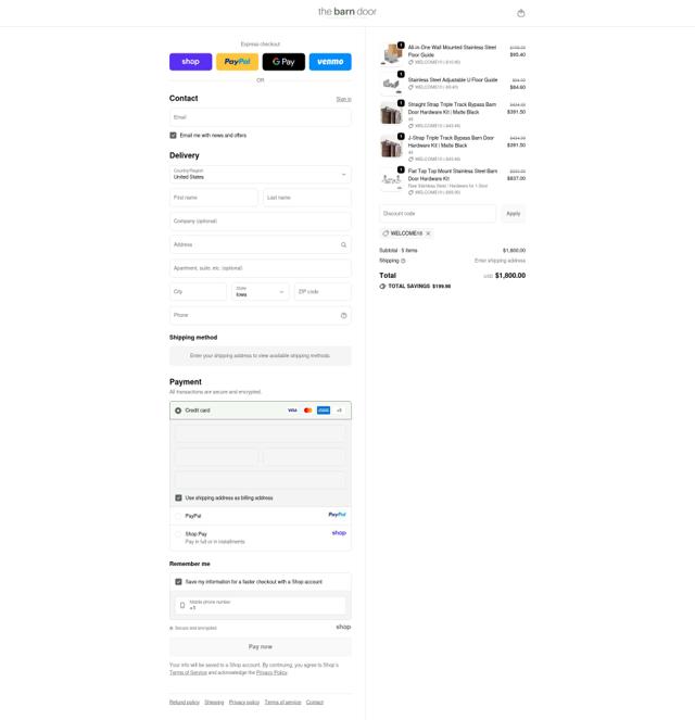 The Barn Door Hardware Store checkout page showing The Barn Door Hardware Store coupon code box | Screenshot taken by SimplyCodes community member on Oct 5, 2025