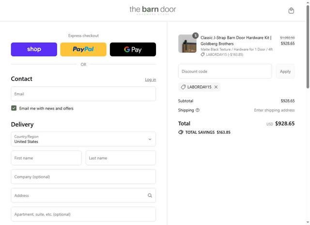 The Barn Door Hardware Store checkout page showing The Barn Door Hardware Store coupon code box | Screenshot taken by SimplyCodes community member on Aug 29, 2025