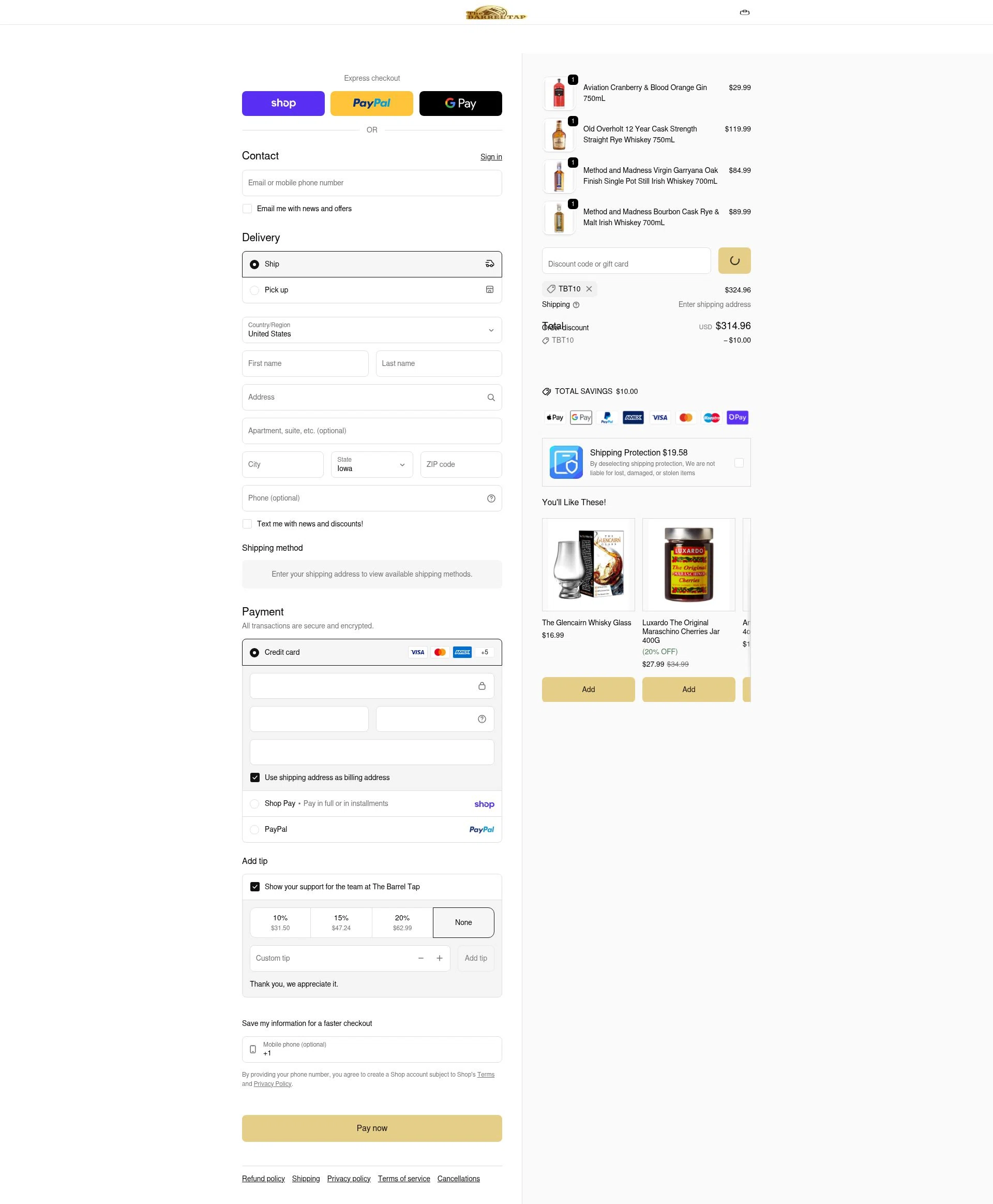 The Barrel Tap checkout page showing The Barrel Tap discount code box | Screenshot taken by SimplyCodes community member on Feb 5, 2026