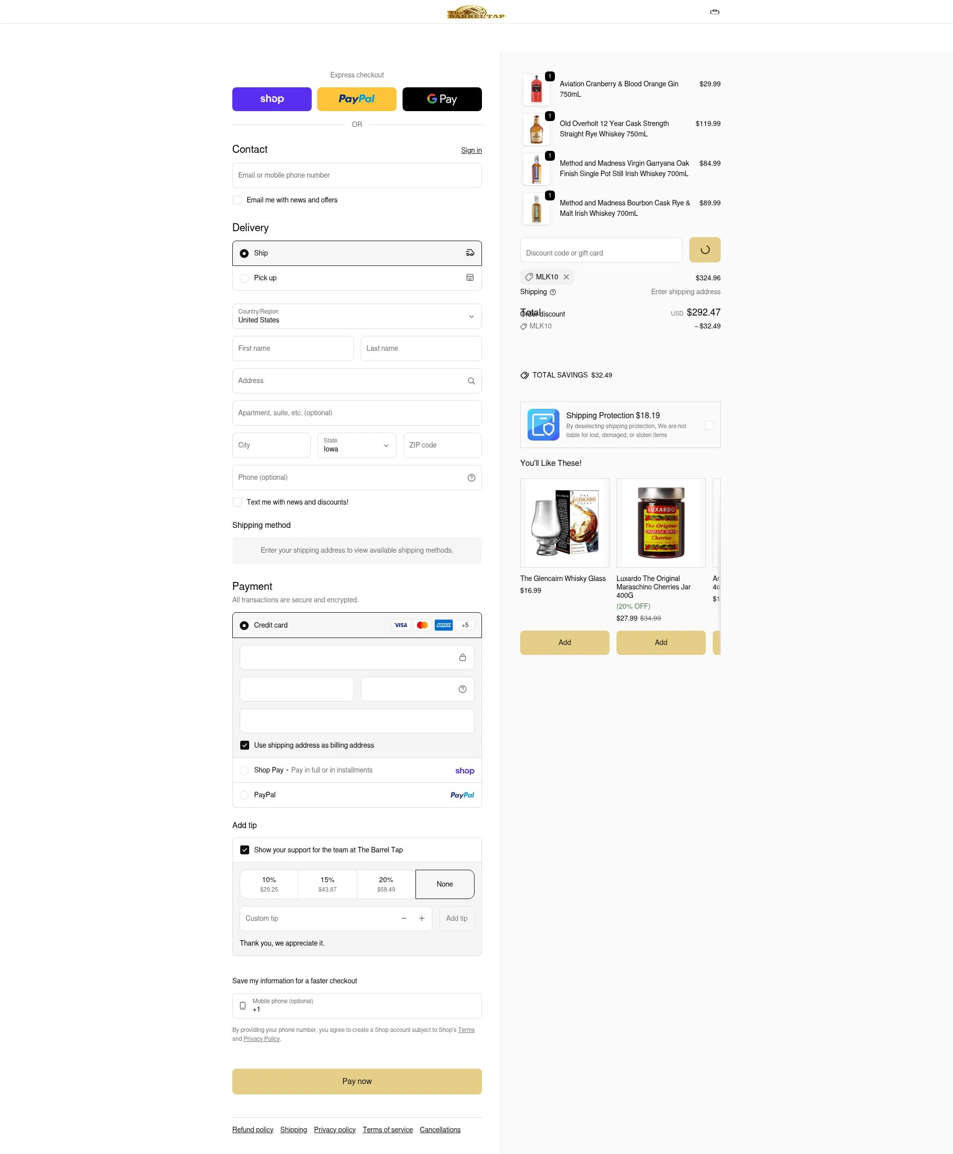 The Barrel Tap checkout page showing The Barrel Tap discount code box | Screenshot taken by SimplyCodes community member on Feb 5, 2026
