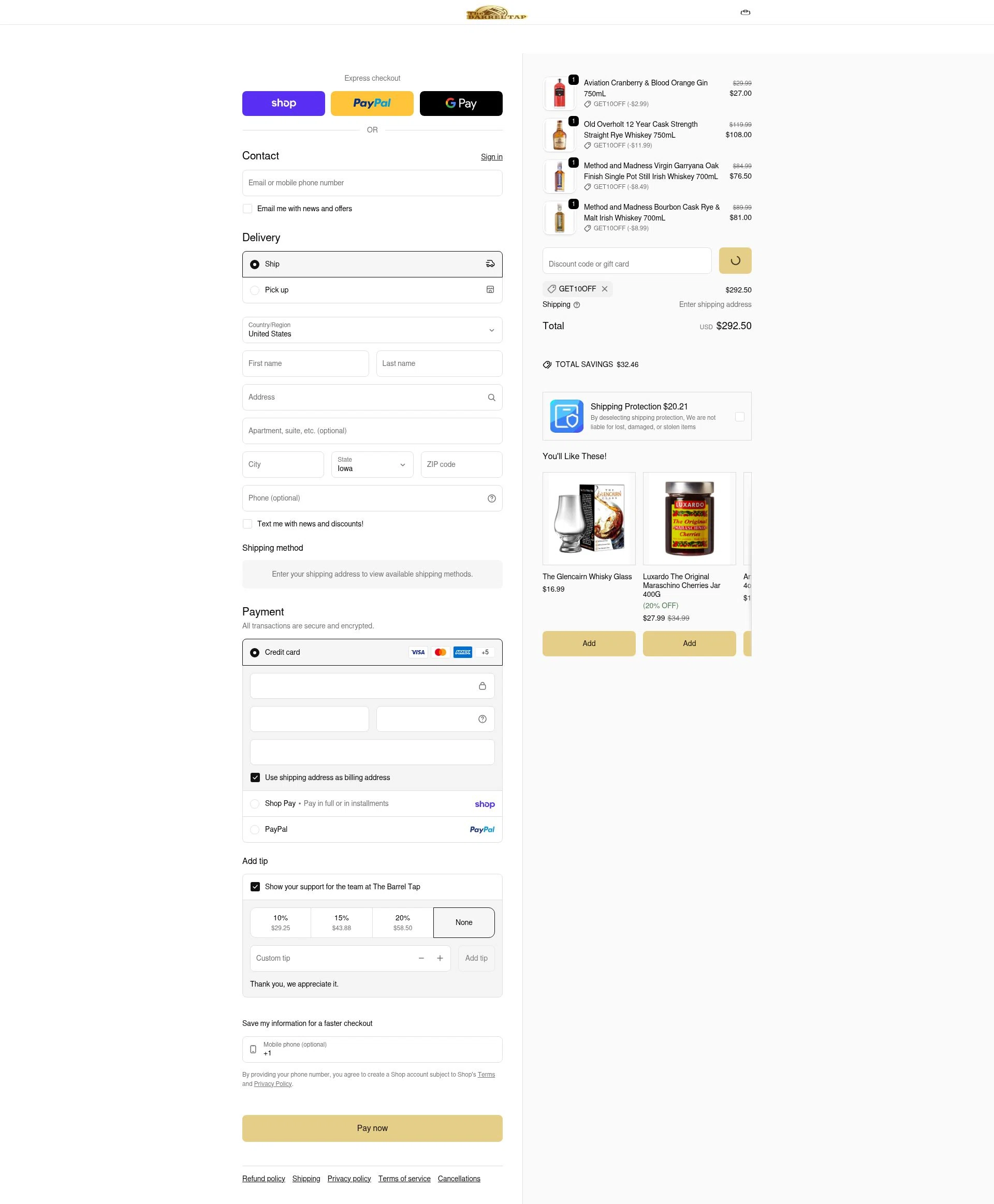The Barrel Tap checkout page showing The Barrel Tap discount code box | Screenshot taken by SimplyCodes community member on Feb 5, 2026