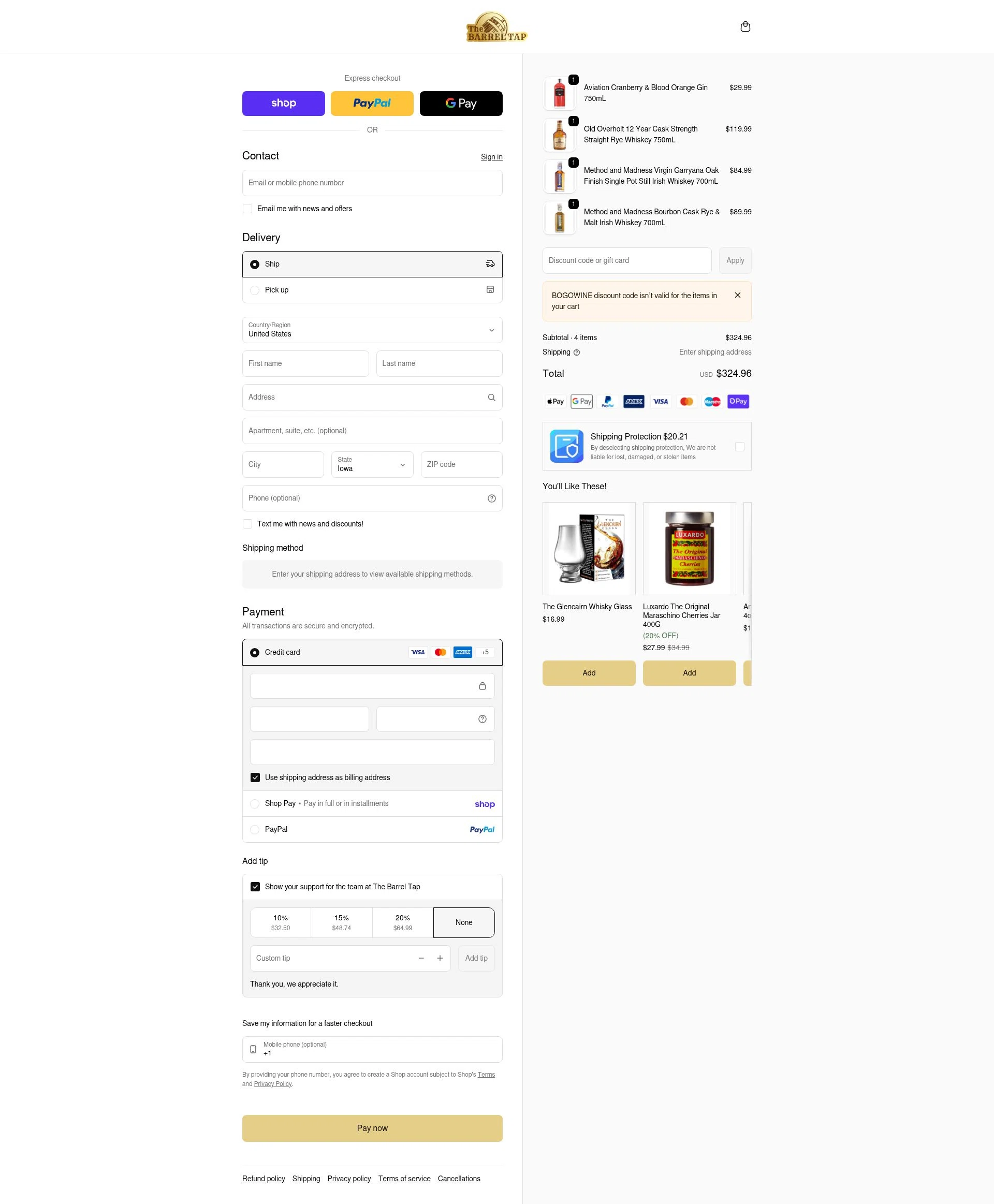 The Barrel Tap checkout page showing The Barrel Tap discount code box | Screenshot taken by SimplyCodes community member on Feb 5, 2026
