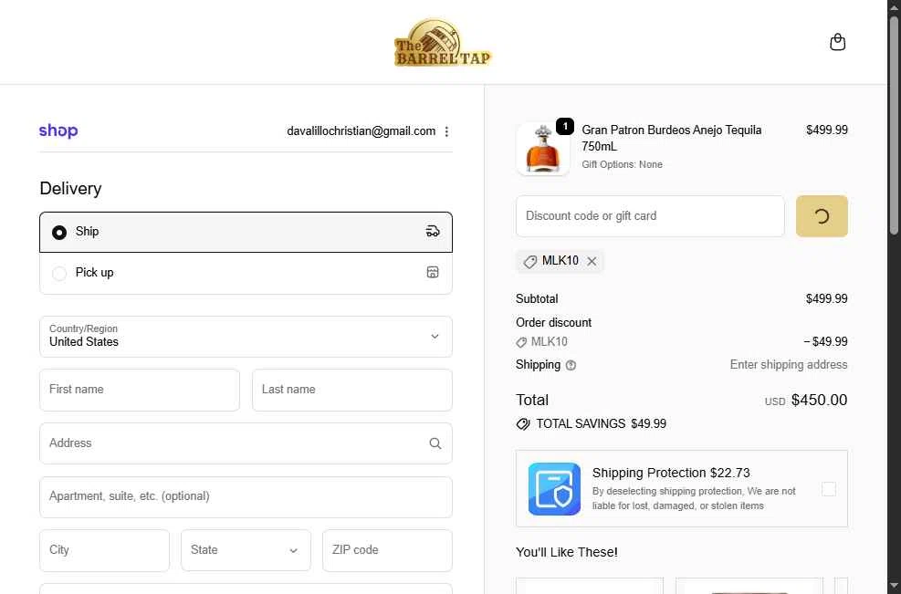 The Barrel Tap checkout page showing The Barrel Tap discount code box | Screenshot taken by SimplyCodes community member on Feb 5, 2026