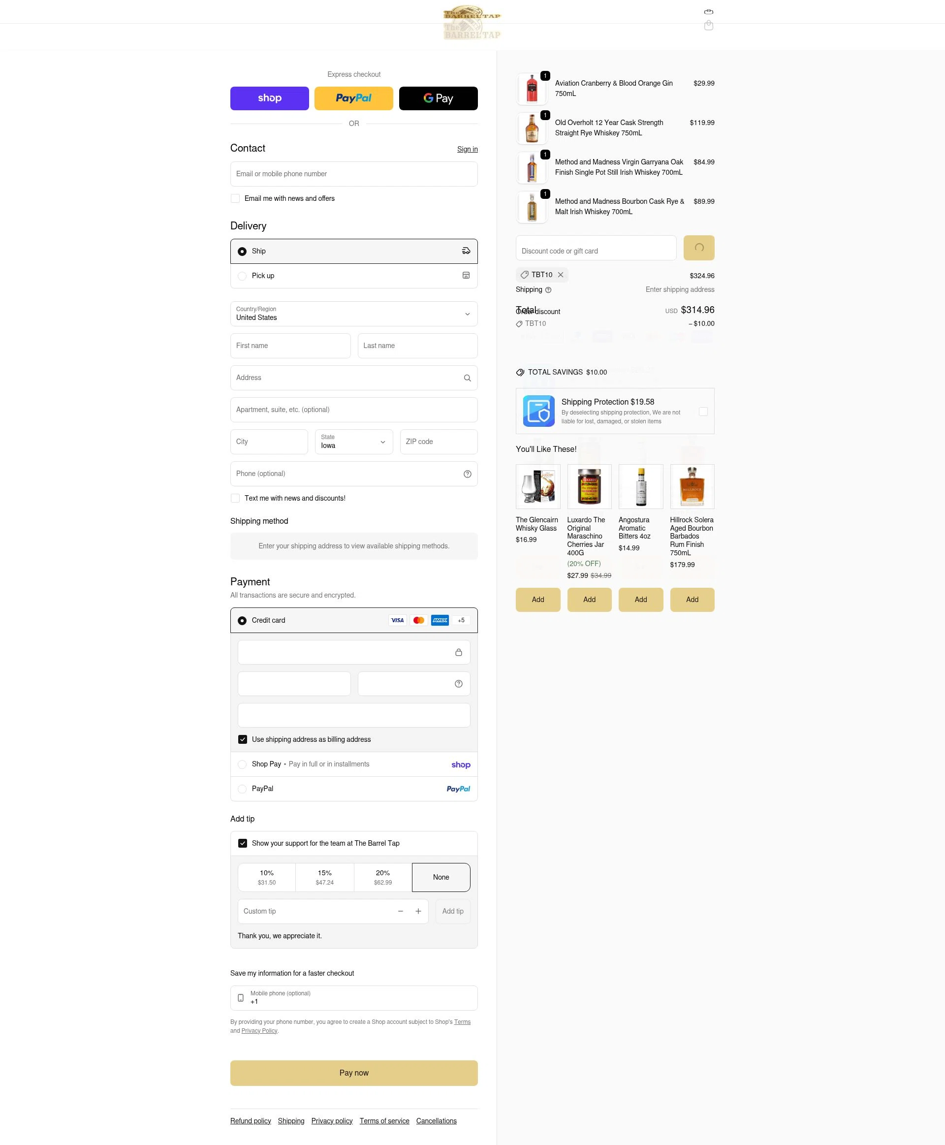 The Barrel Tap checkout page showing The Barrel Tap discount code box | Screenshot taken by SimplyCodes community member on Feb 1, 2026