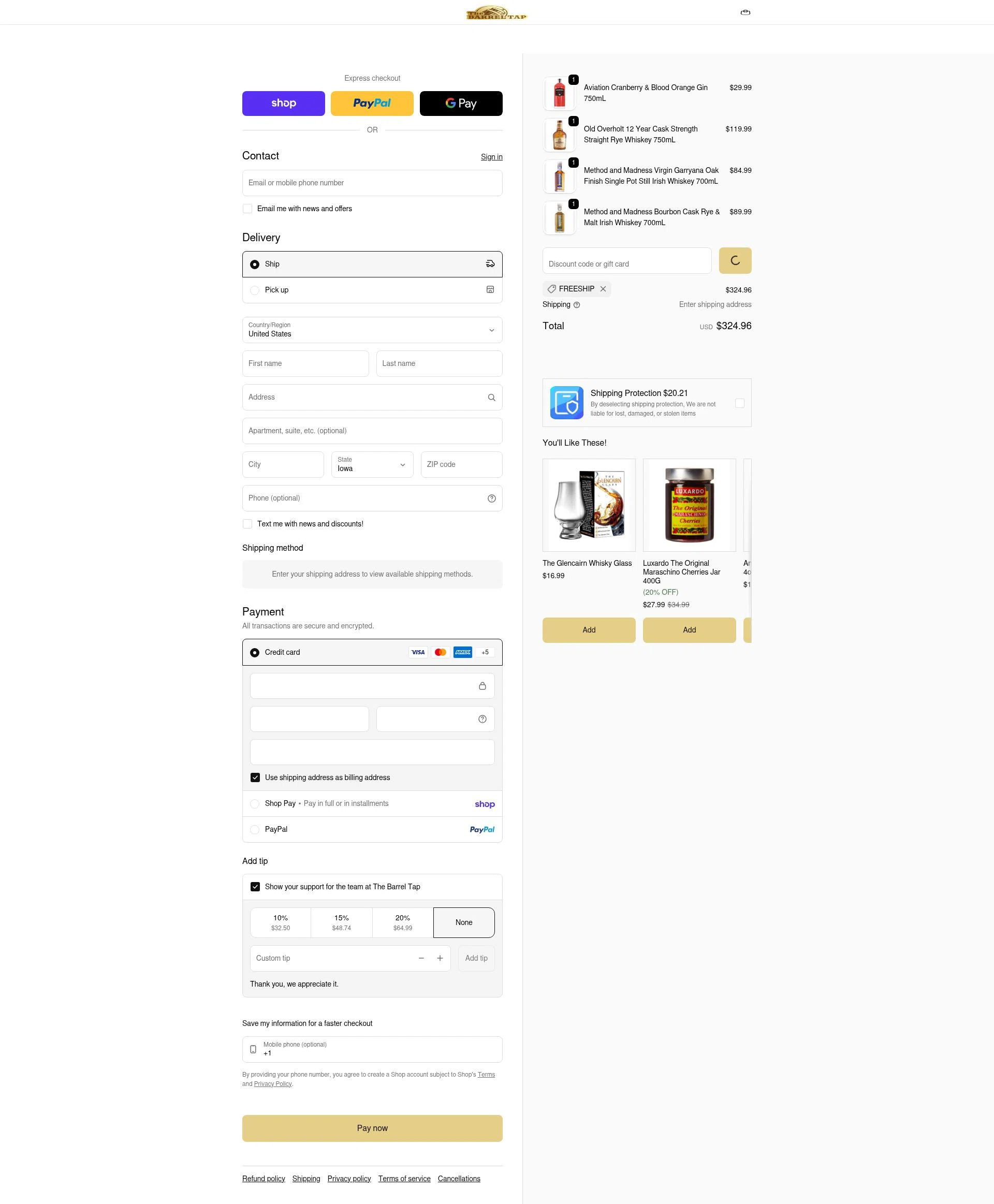 The Barrel Tap checkout page showing The Barrel Tap discount code box | Screenshot taken by SimplyCodes community member on Feb 5, 2026