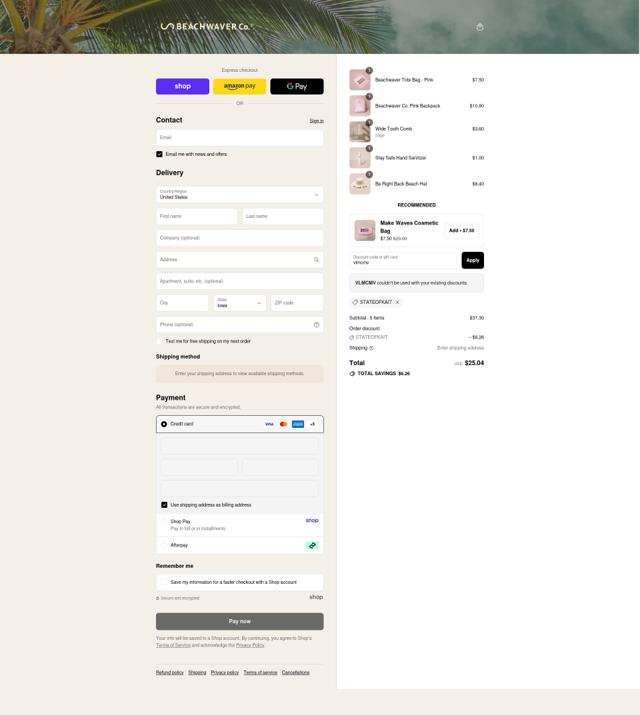 Beachwaver Co. checkout page showing Beachwaver Co. promo code box | Screenshot taken by SimplyCodes community member on Sep 9, 2025