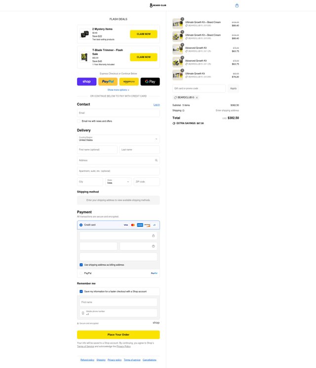 The Beard Club checkout page showing The Beard Club promo code box | Screenshot taken by SimplyCodes community member on Sep 4, 2025