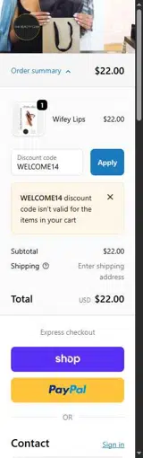WELCOME14 coupon verification screenshot