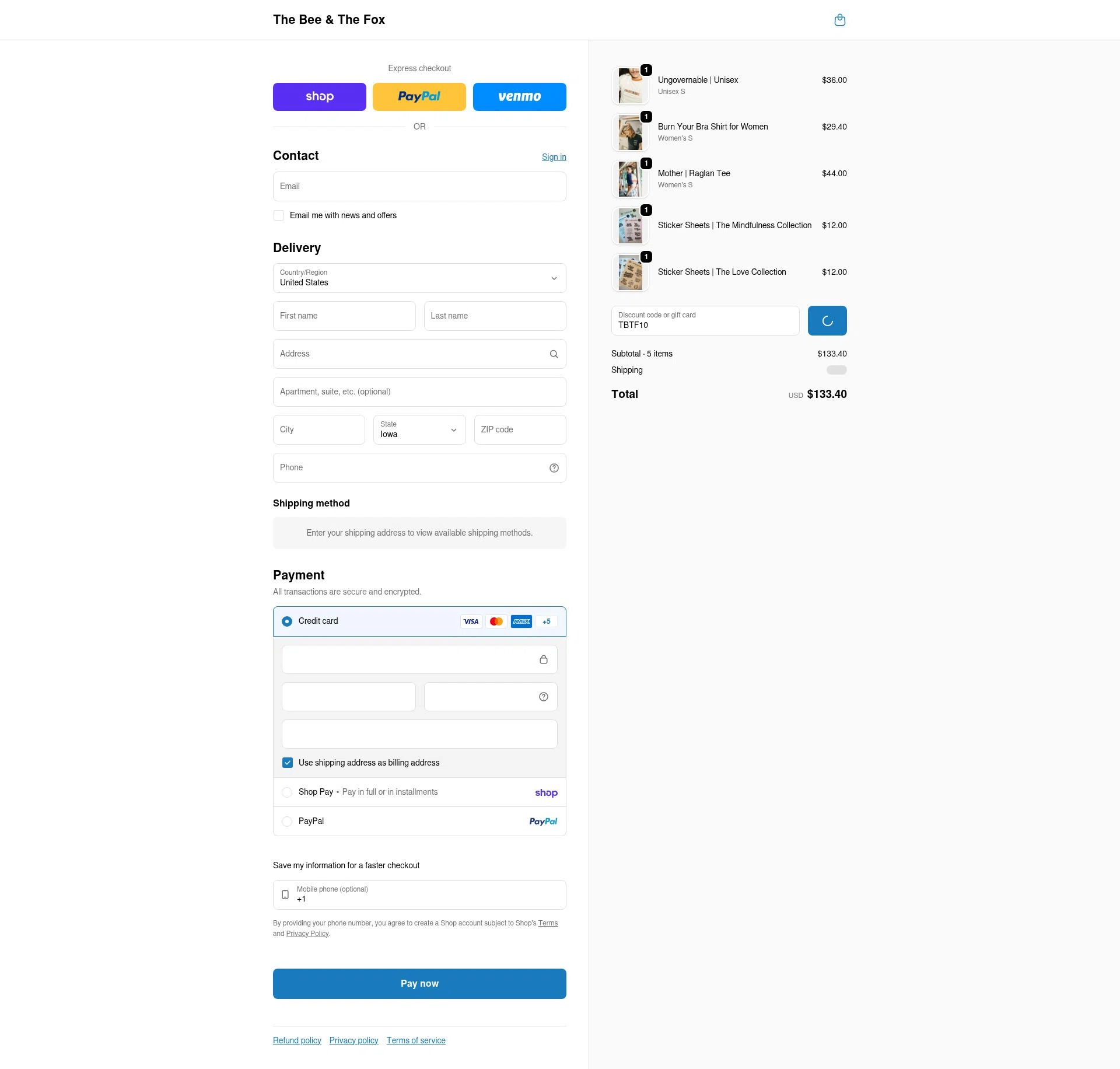 The Bee & The Fox checkout page showing The Bee & The Fox promo code box | Screenshot taken by SimplyCodes community member on Feb 14, 2026