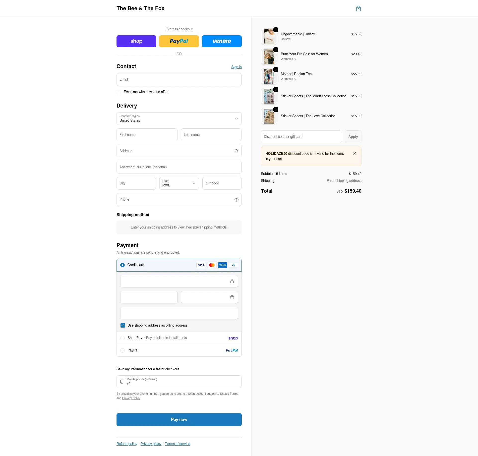 The Bee & The Fox checkout page showing The Bee & The Fox promo code box | Screenshot taken by SimplyCodes community member on Feb 9, 2026