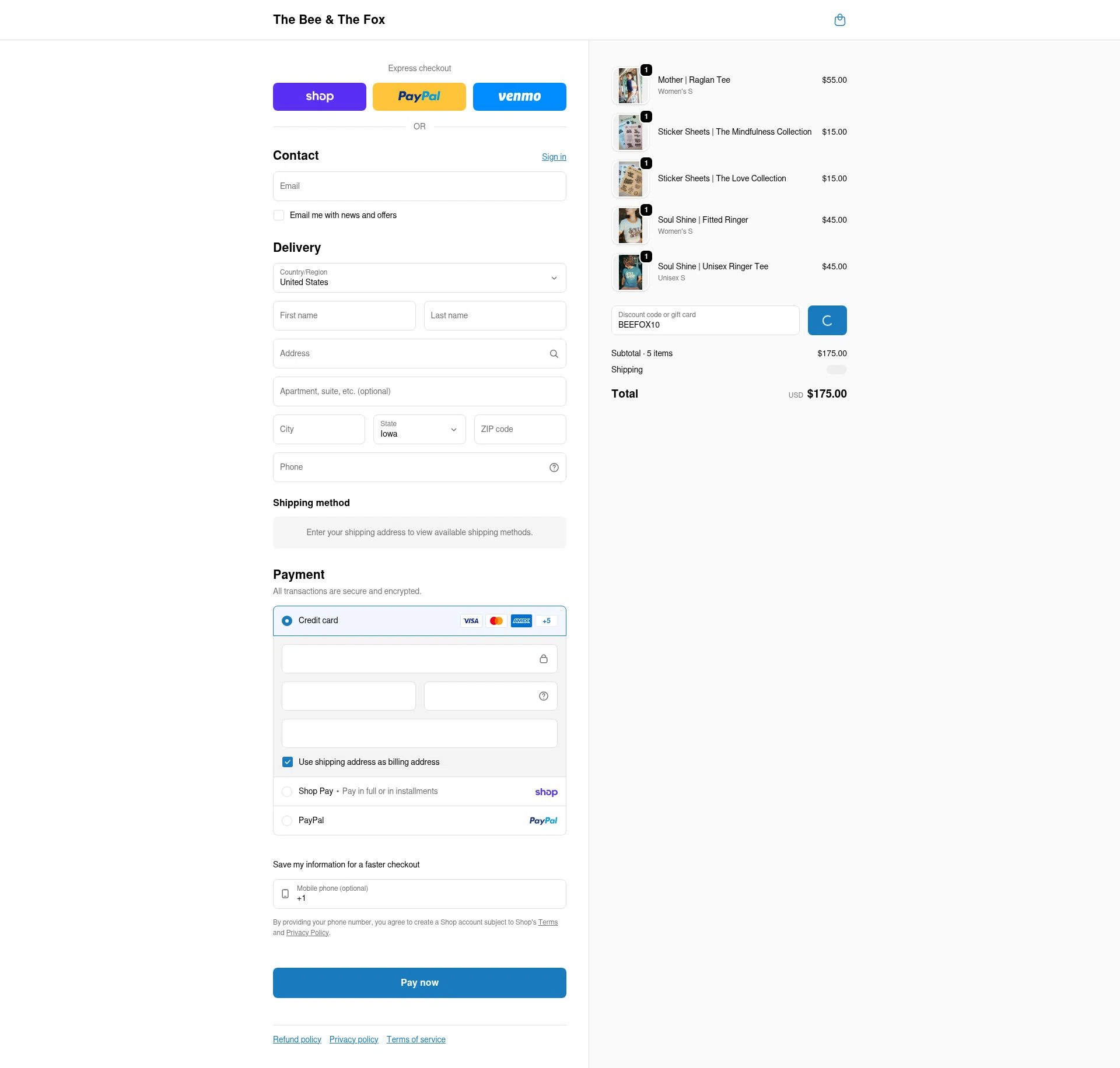 The Bee & The Fox checkout page showing The Bee & The Fox promo code box | Screenshot taken by SimplyCodes community member on Feb 5, 2026