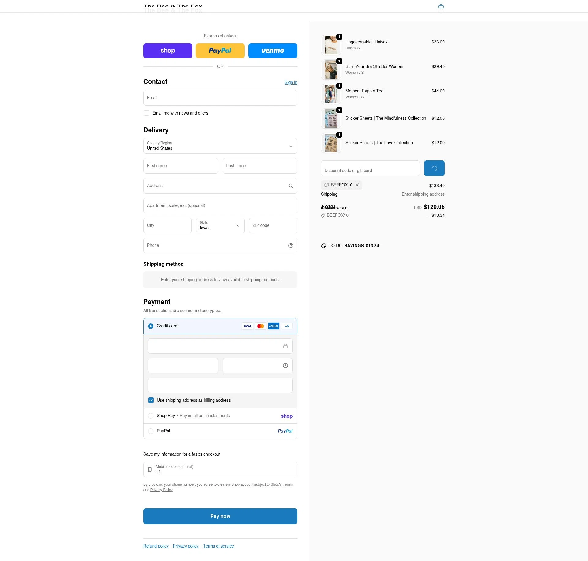 The Bee & The Fox checkout page showing The Bee & The Fox promo code box | Screenshot taken by SimplyCodes community member on Feb 14, 2026