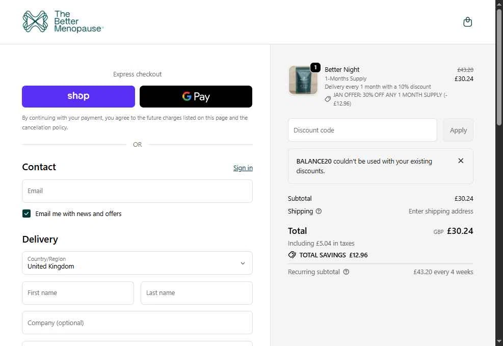 The Better Menopause checkout page showing The Better Menopause promo code box | Screenshot taken by SimplyCodes community member on Jan 1, 2026